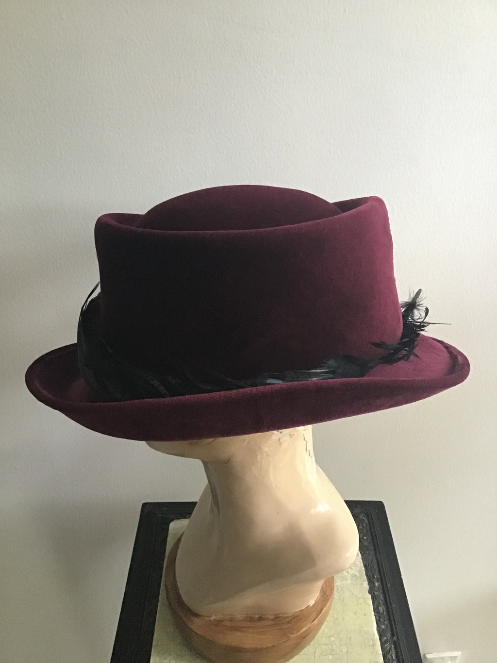 2000s Phillip Treacy Cranberry Velvet Hat with Feather