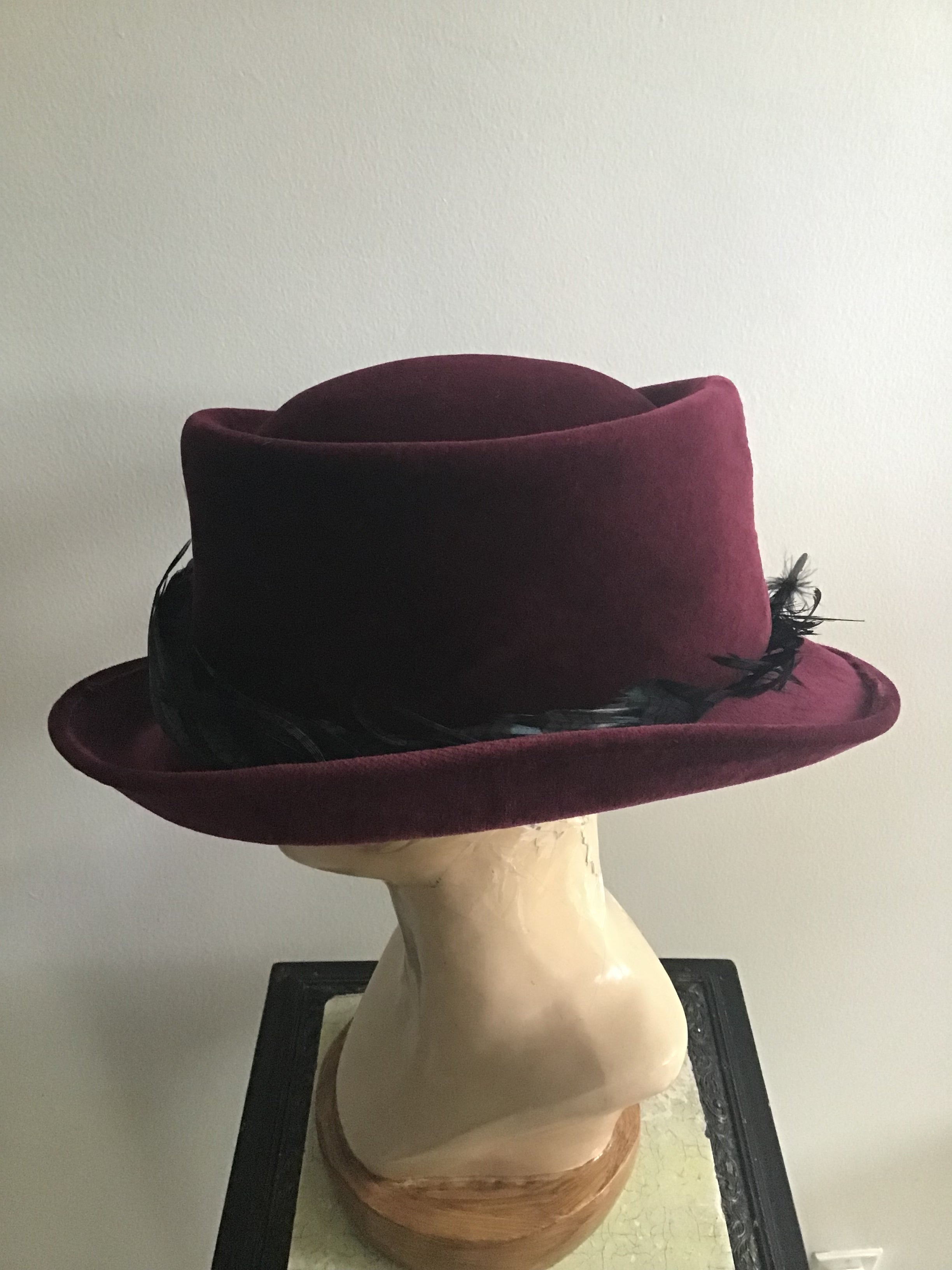 2000s Phillip Treacy Cranberry Velvet Hat with Feather