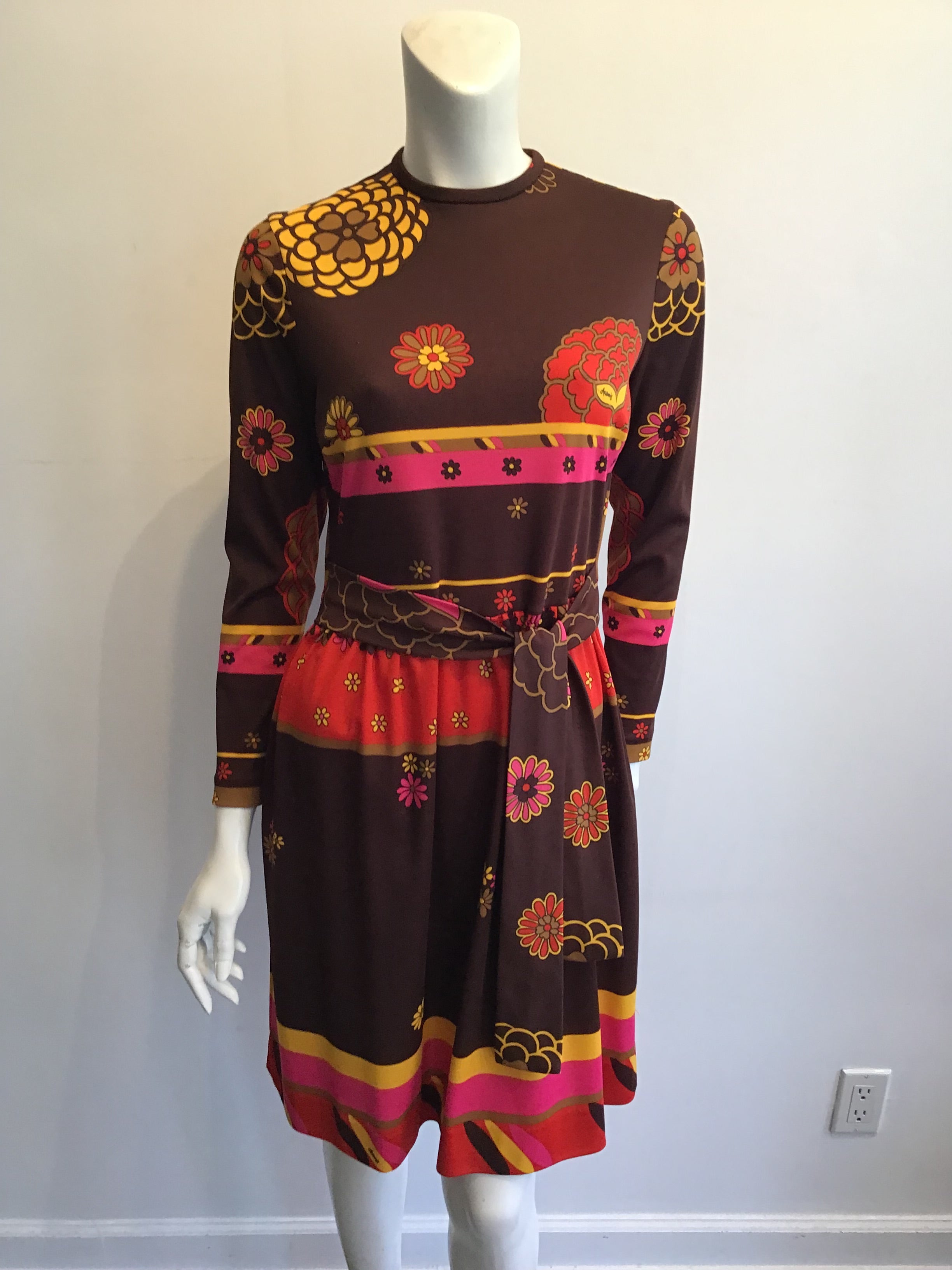 1970s Artemis Polyester Blend Brown Multicolor Dress Size 10
