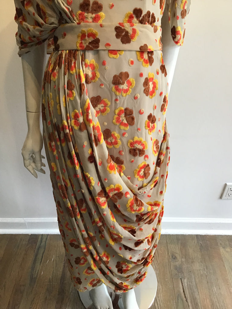 1960’s Taupe Floral Silk Flocked Velvet Strapless Dress Size 8