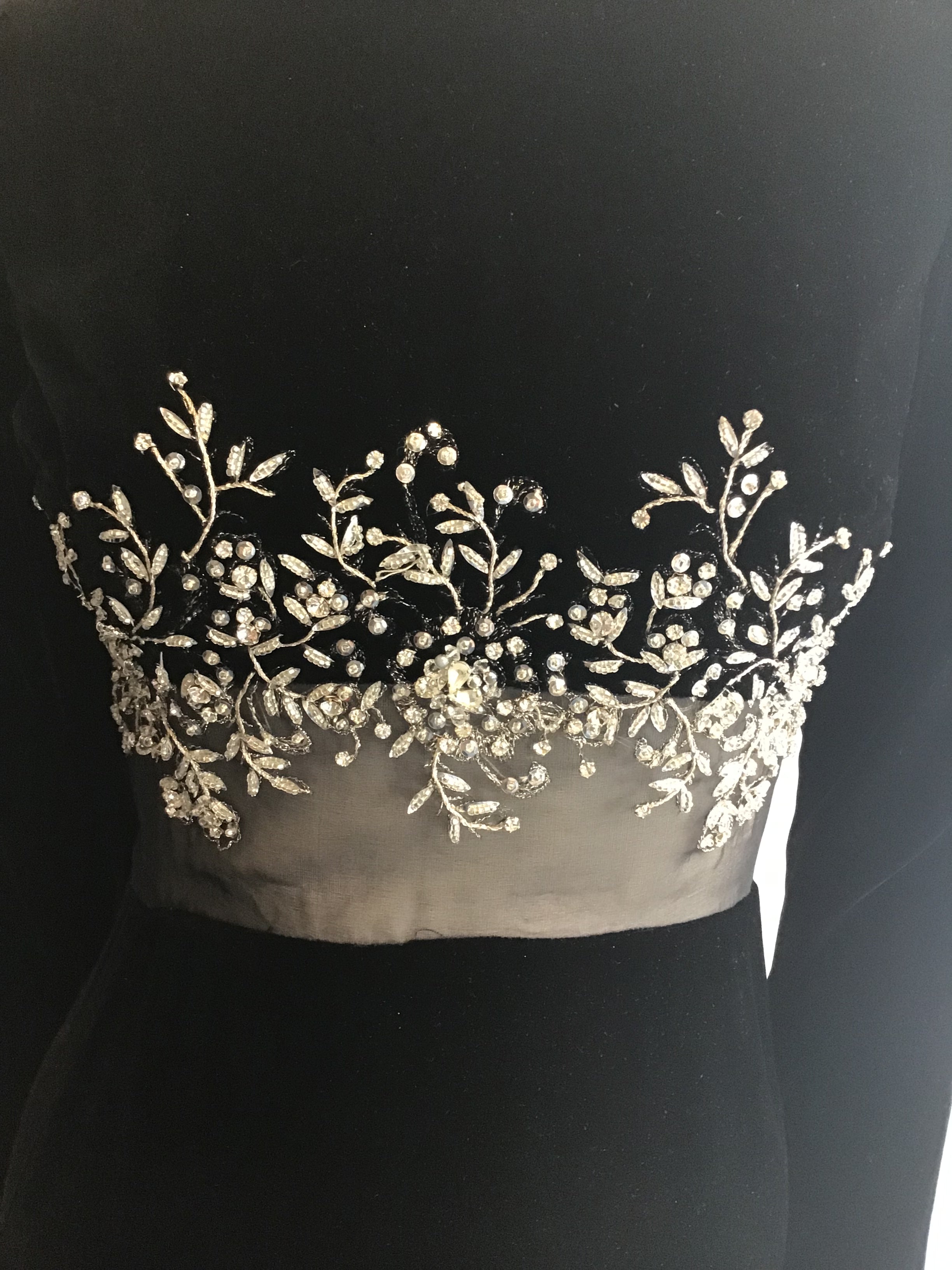 1960's Malcolm Starr Black Silk Velvet Evening Dress with rhinestone and Crystal detailing on bodice illusion waist Size 5/6