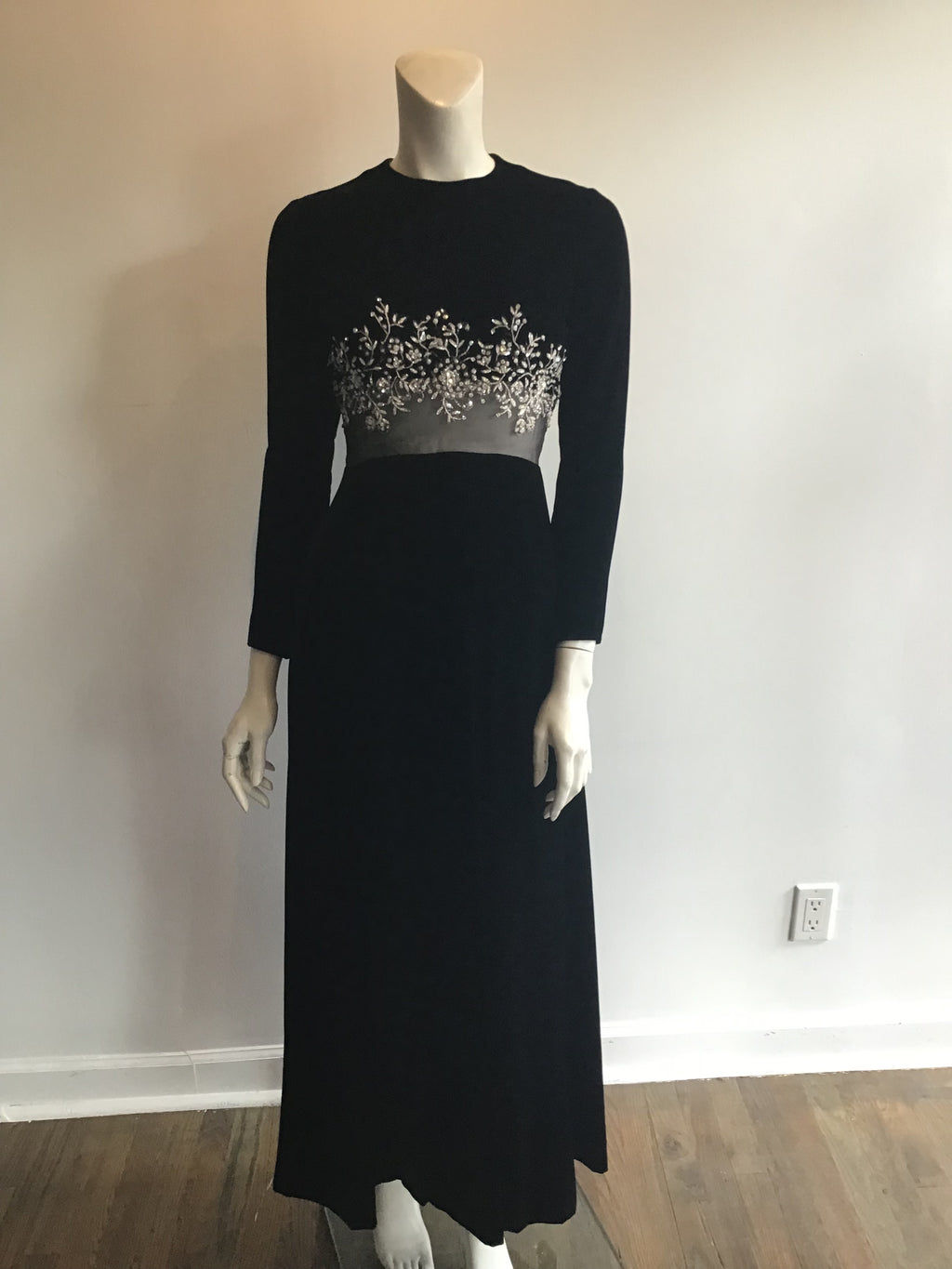 1960's Malcolm Starr Black Silk Velvet Evening Dress with rhinestone and Crystal detailing on bodice illusion waist Size 5/6