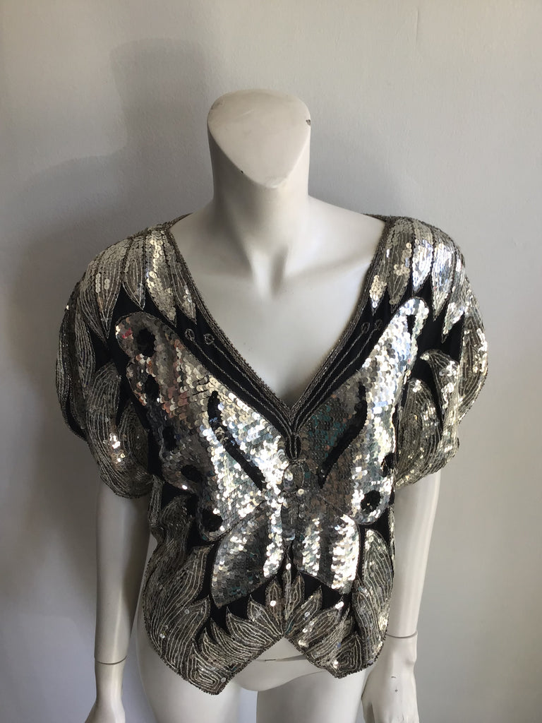 1980s Valachi Silver Sequined and Black Silk Top Size 8/10