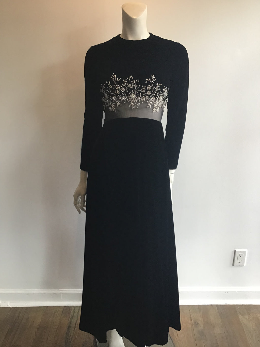 1960's Malcolm Starr Black Silk Velvet Evening Dress with rhinestone and Crystal detailing on bodice illusion waist Size 5/6