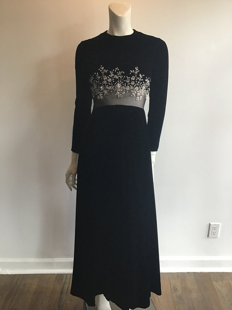 1960's Malcolm Starr Black Silk Velvet Evening Dress with rhinestone and Crystal detailing on bodice illusion waist Size 5/6
