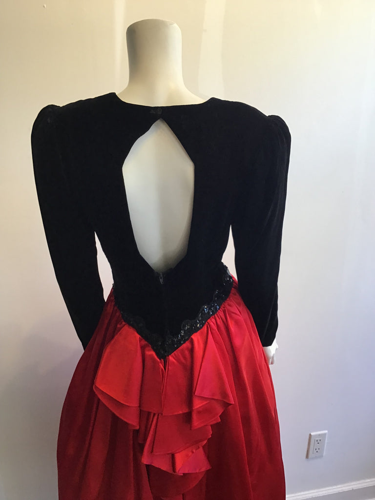 1980’s Silk Velvet Red and Black Evening Dress Size 8
