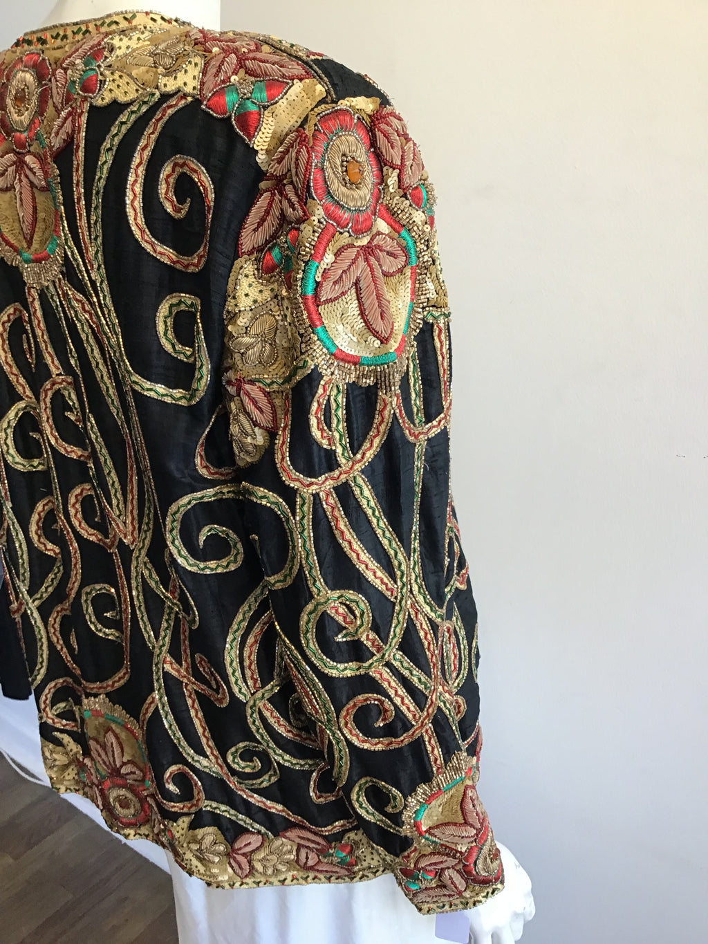 1980’s Black Silk Gold Embroidered and Sequined Evening Jacket Size 8