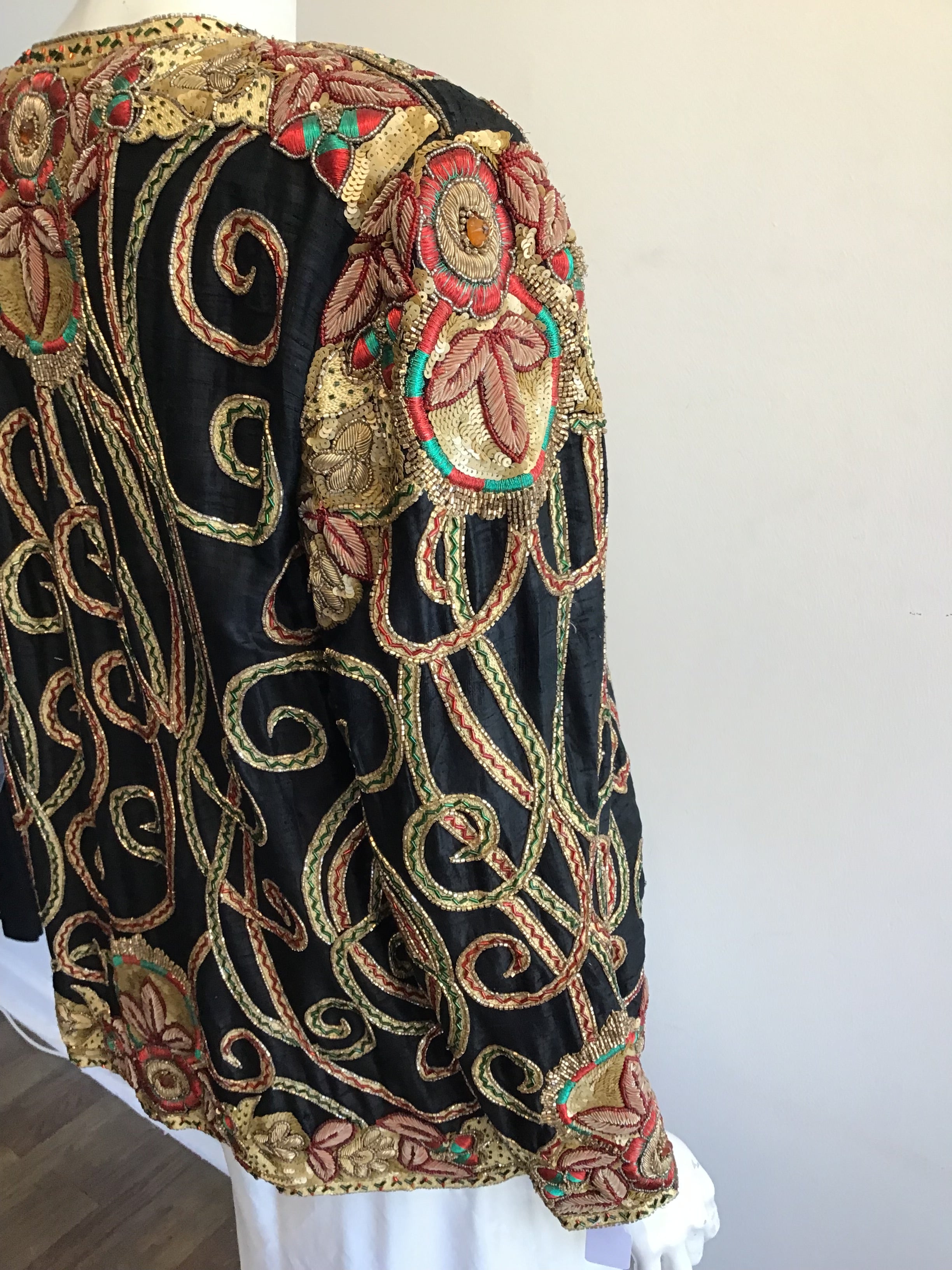 1980’s Black Silk Gold Embroidered and Sequined Evening Jacket Size 8