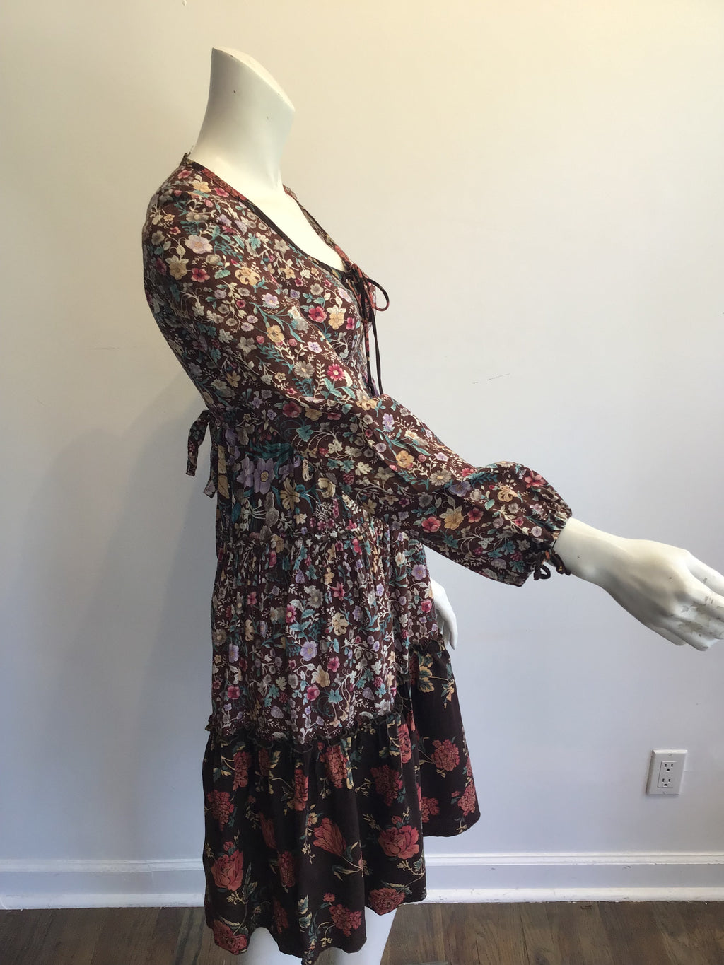 1970s Brown Floral Cotton Dress Size 4