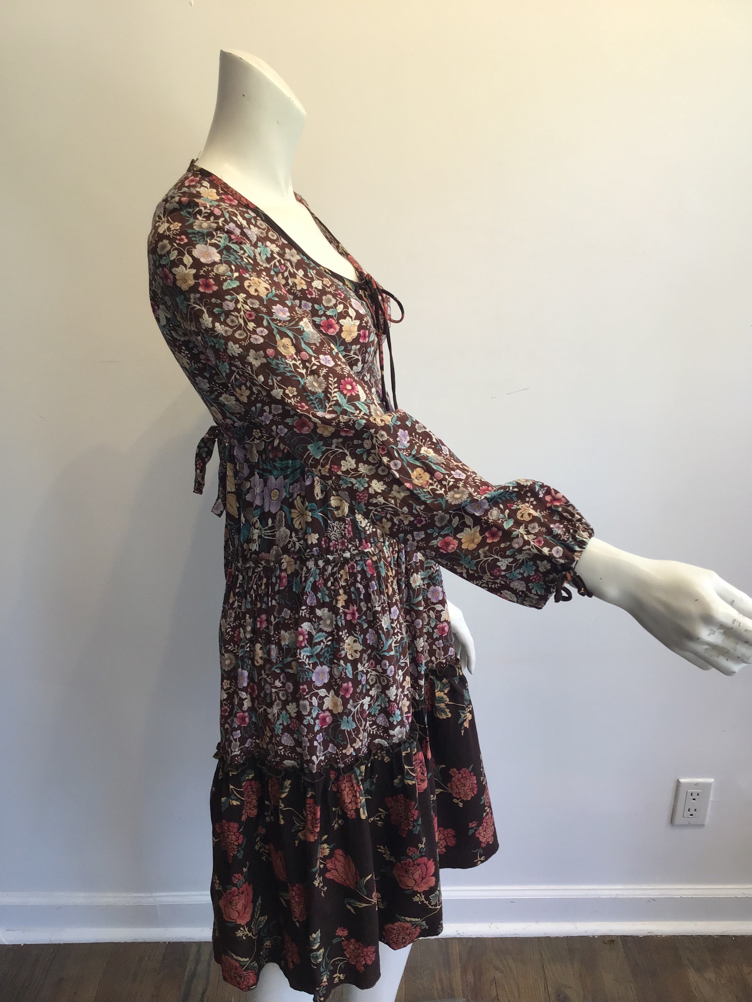 1970s Brown Floral Cotton Dress Size 4