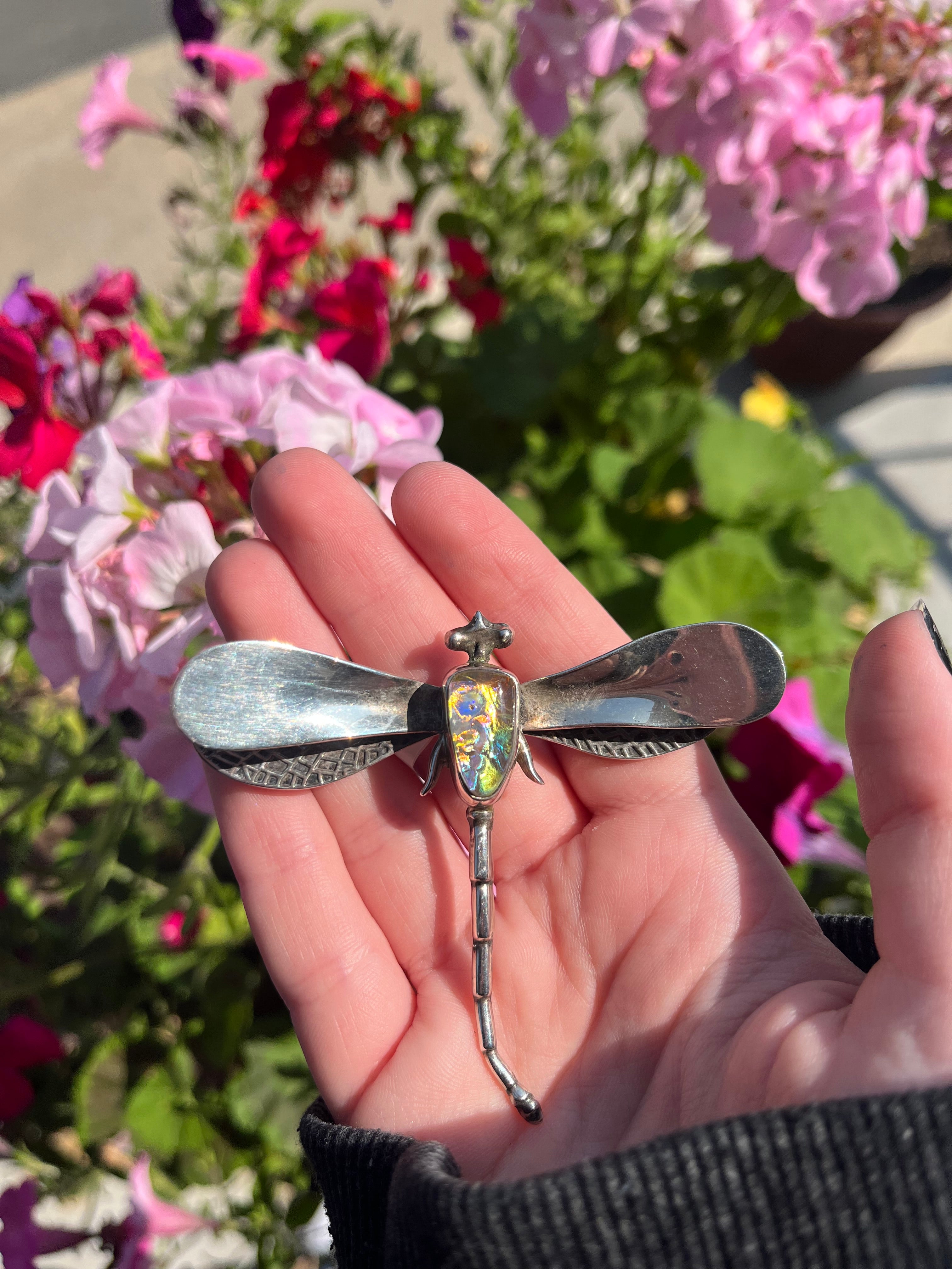Vintage 1970s Dragonfly Sterling Pin / Brooch with faux opal stone