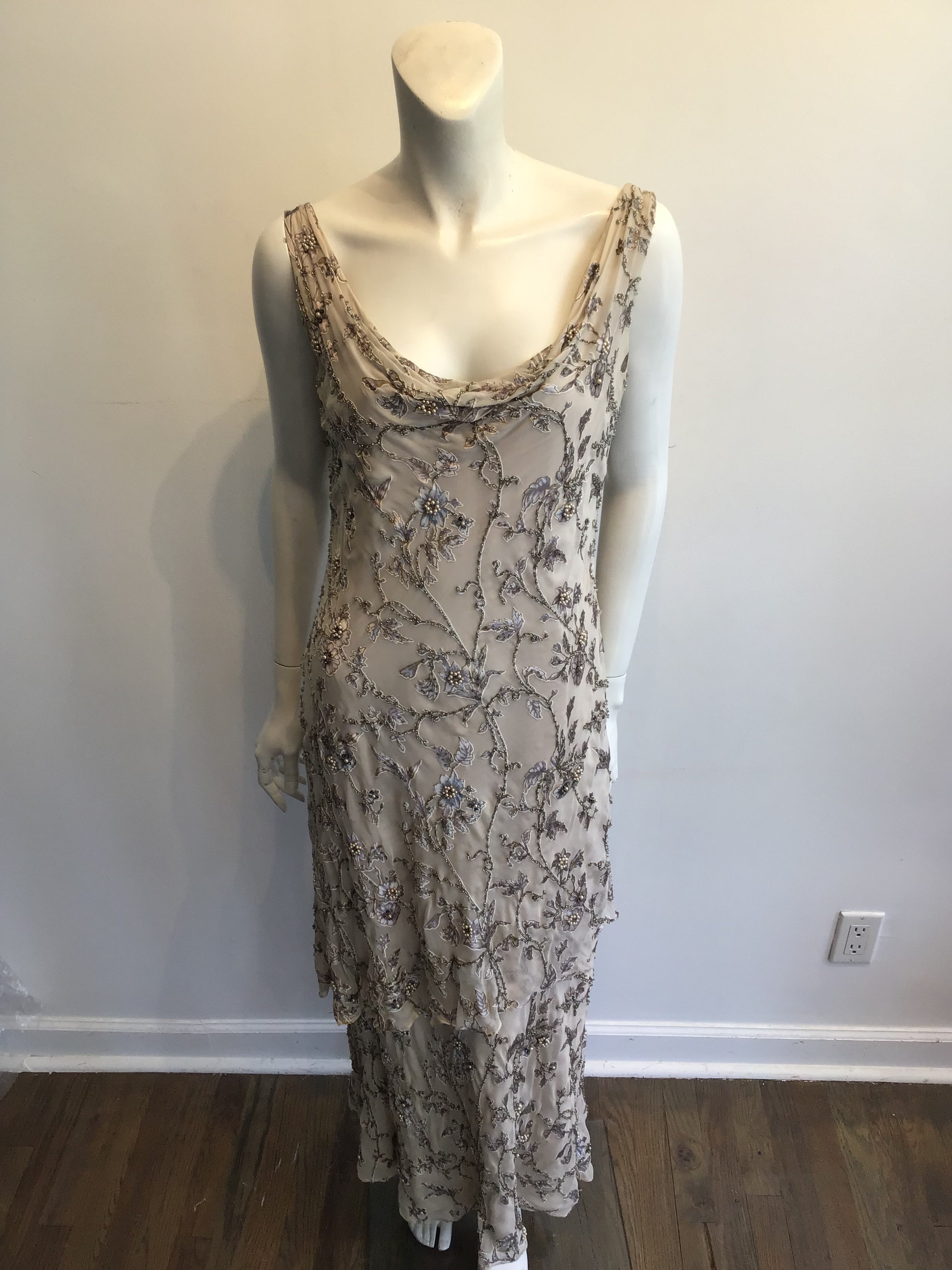 1990s Victoria Royal Taupe Silk Evening Gown Size 16