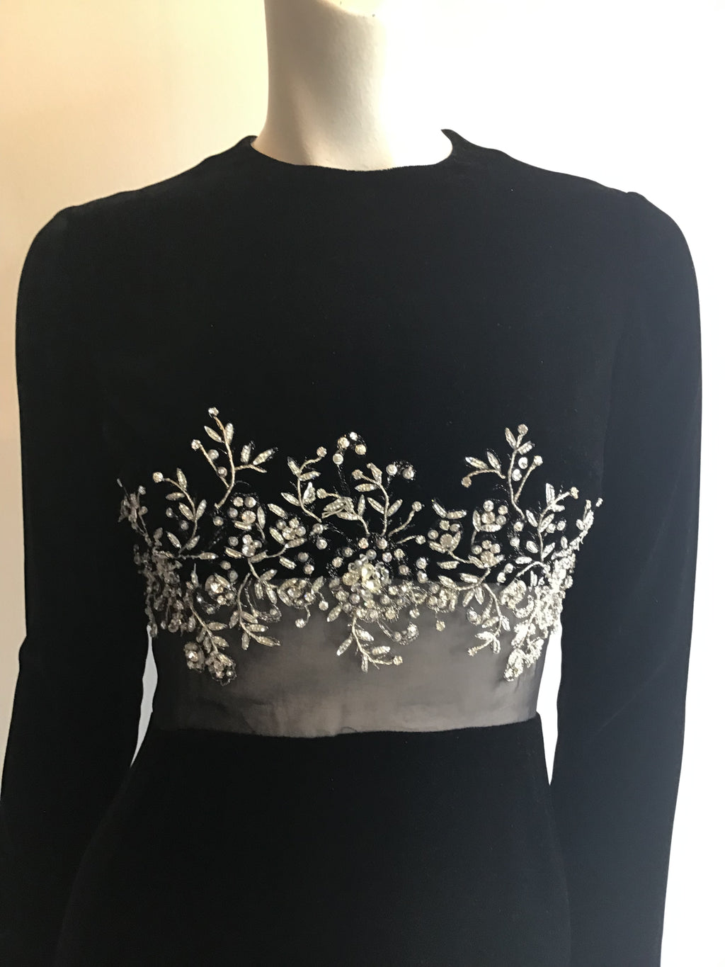 1960's Malcolm Starr Black Silk Velvet Evening Dress with rhinestone and Crystal detailing on bodice illusion waist Size 5/6
