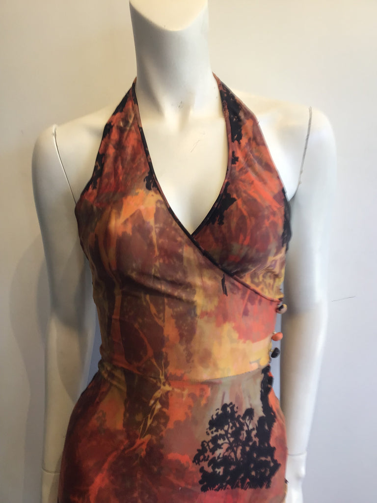 1970’s Orange and Black Halter Dress with Buttons Size 2
