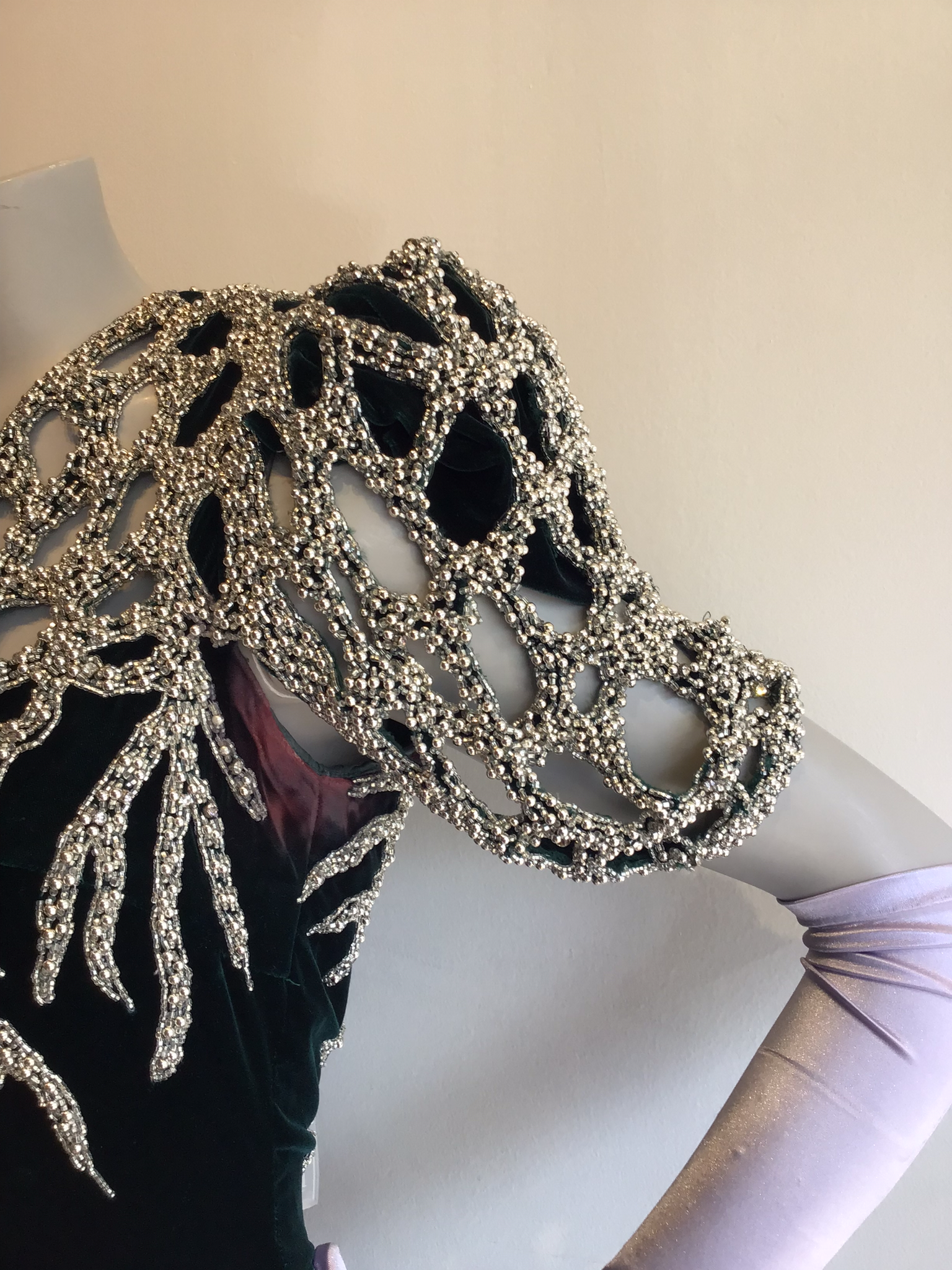 1980’s Forest Green Silk Velvet and Silver Beads Gown attributed to Bob Mackie Gown Size 8