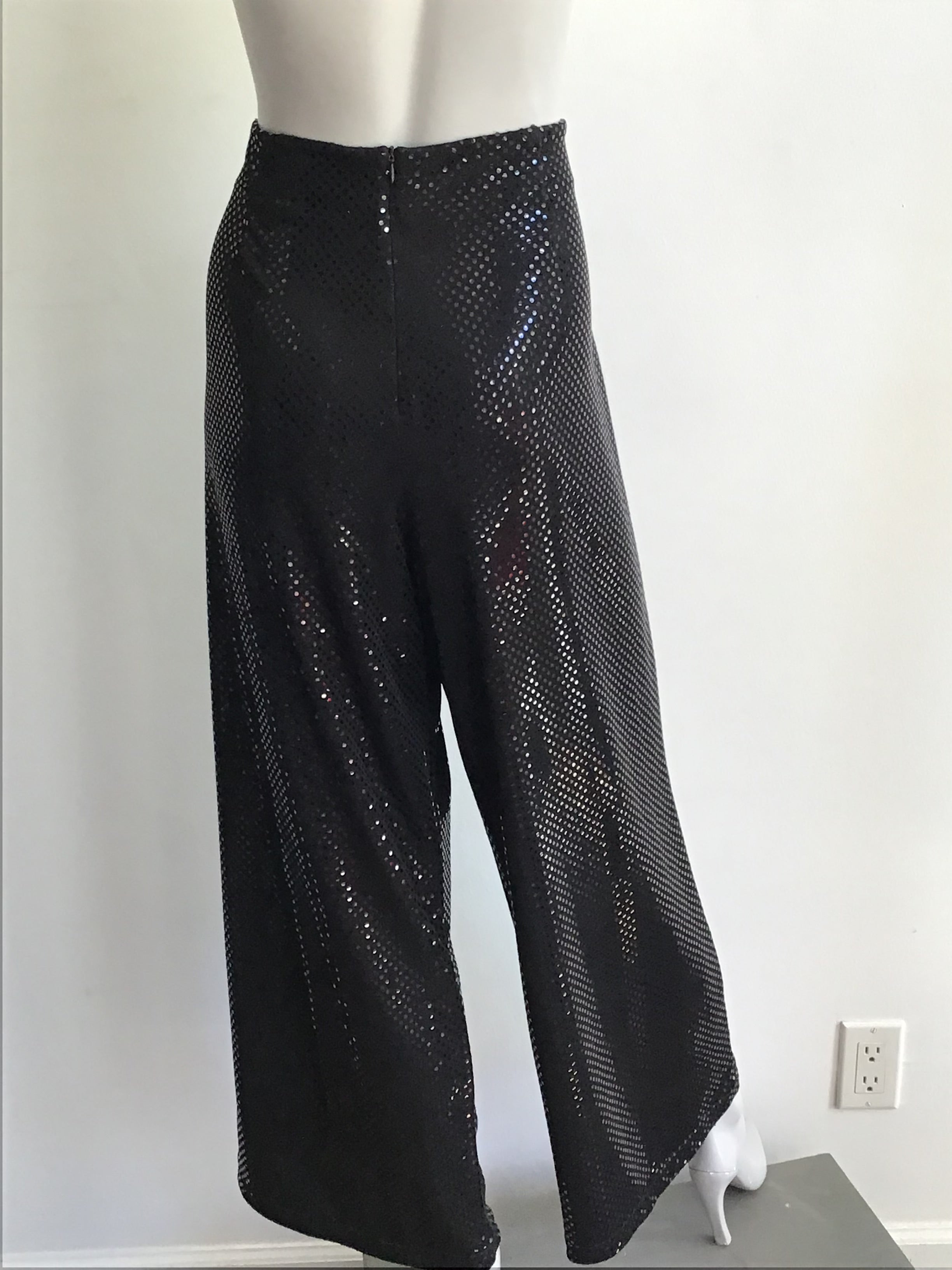 1990s Black Sequined Palazzo Pants by Deanna Cushing Palm Beach Size 14