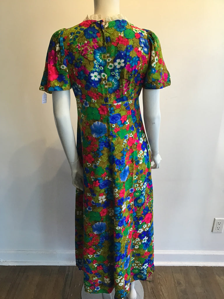 1970’s Green Floral Cotton/Polyester Lace Trim Maxi Dress Size 8/9