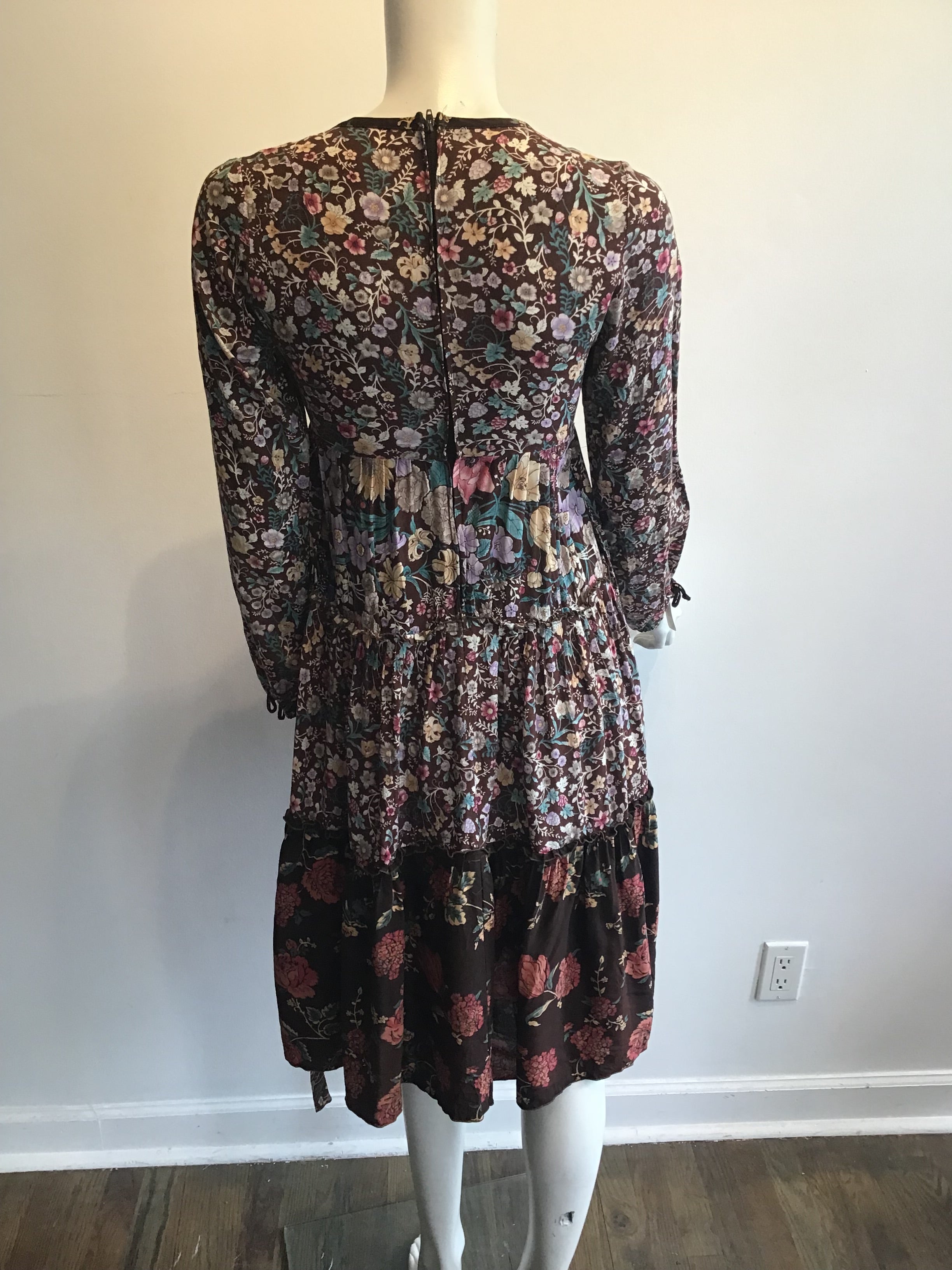 1970s Brown Floral Cotton Dress Size 4