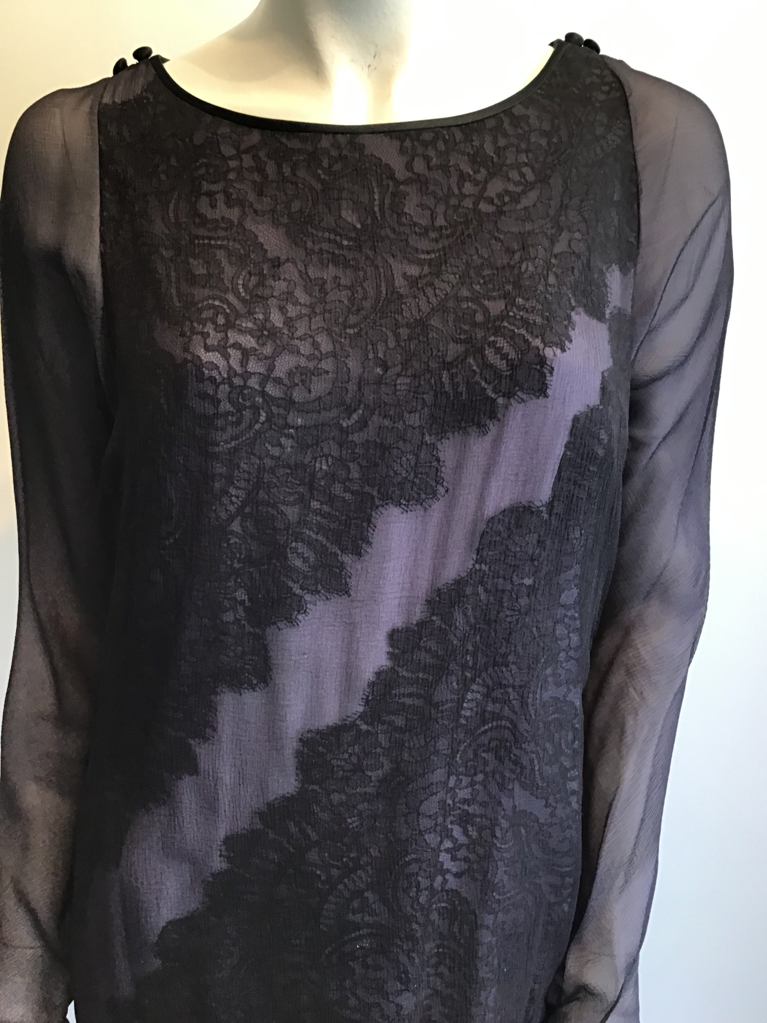 1990's  Bob Mackie Black and Lavender Silk Chiffon Dress with lace Size 10