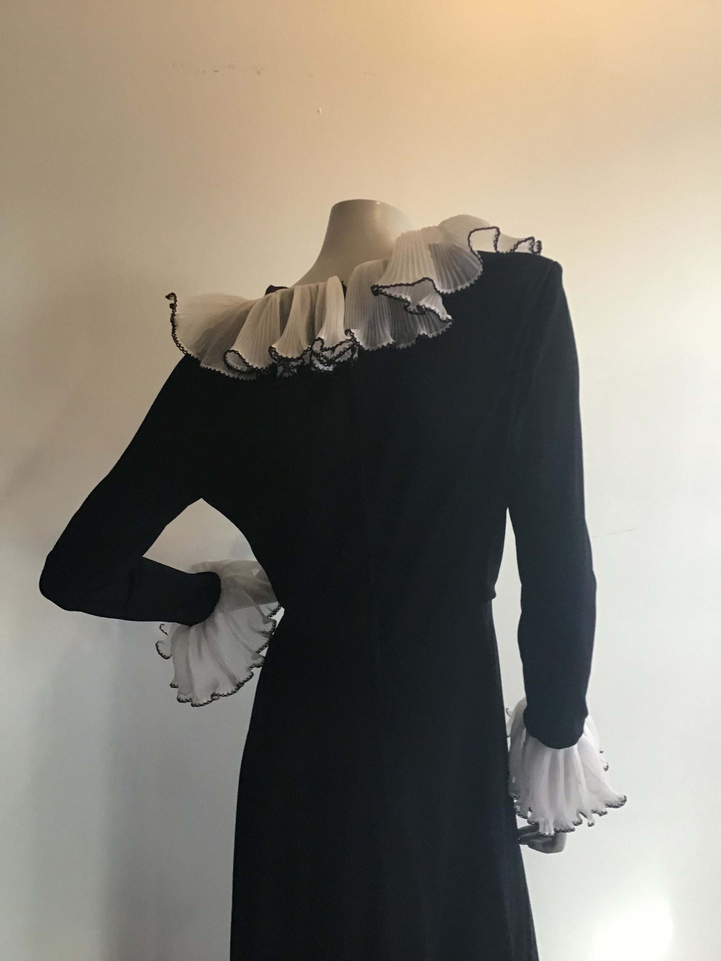 1970's Julie Miller Black Maxi Dress with White Ruffles