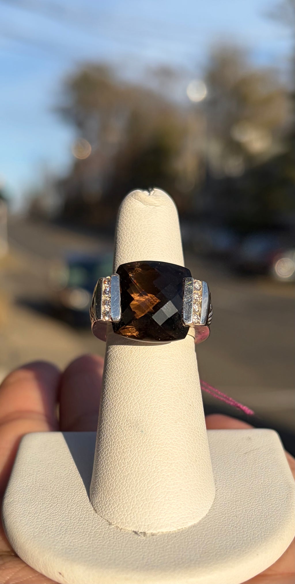 David Yurman Sterling Ring with Smokey Quartz & Diamonds