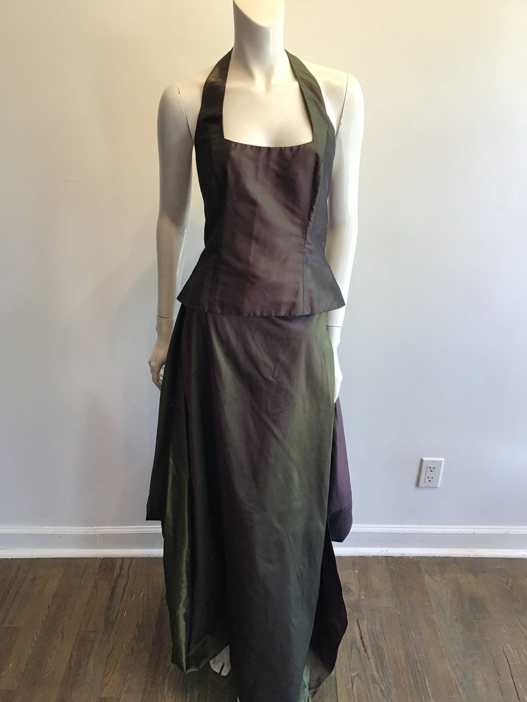 1990’s Maria Pinto Silk Taffeta Green/Purple 3 Piece Evening Ensemble Size 6