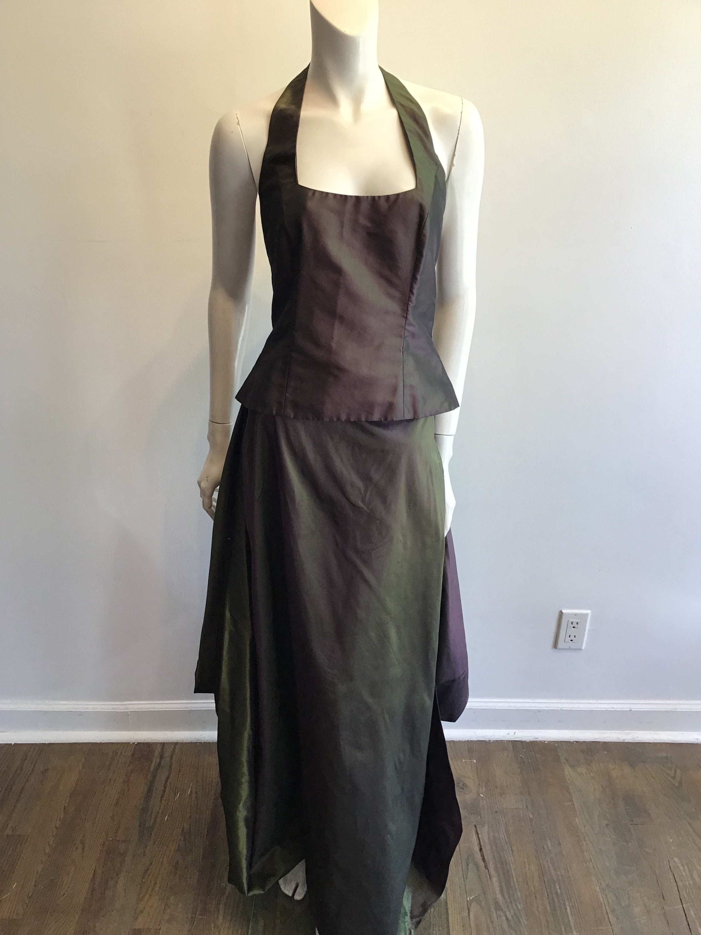 1990’s Maria Pinto Silk Taffeta Green/Purple 3 Piece Evening Ensemble Size 6