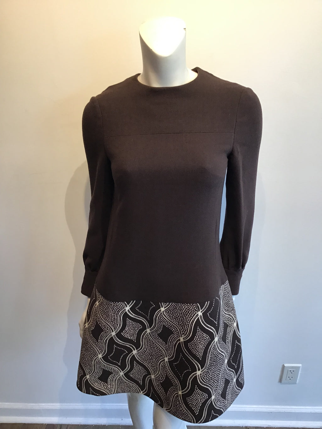 1960s Wool/Wool Crepe Brown Printed Dress with Jacket and Scarf Size 8