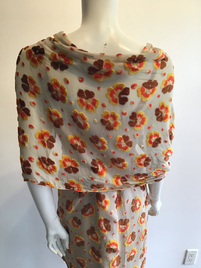 1960’s Taupe Floral Silk Flocked Velvet Strapless Dress Size 8