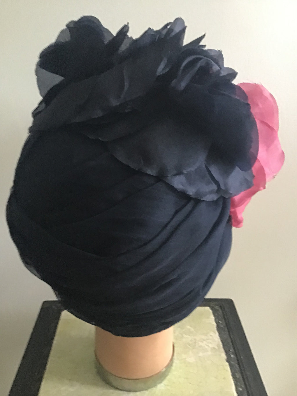 1960s Christian Dior New York ,Turban with Raspberry/blk  silk Flowers