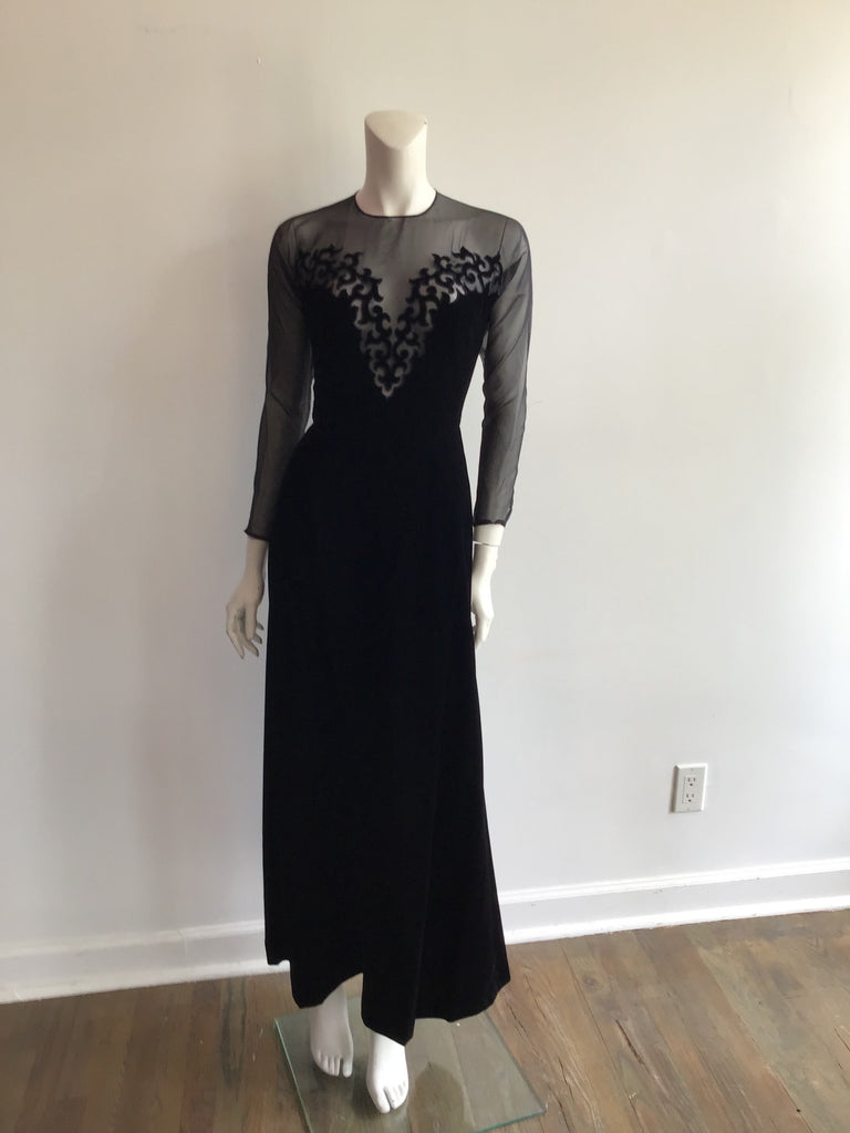 1980s Black Silk and Chiffon Oscar de La Renta Evening Gown Size 6