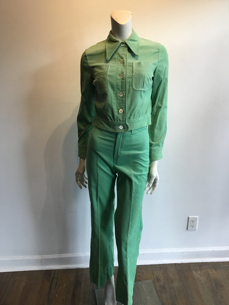 vintage 1970s mint green cotton corduroy suit made by jones of new york