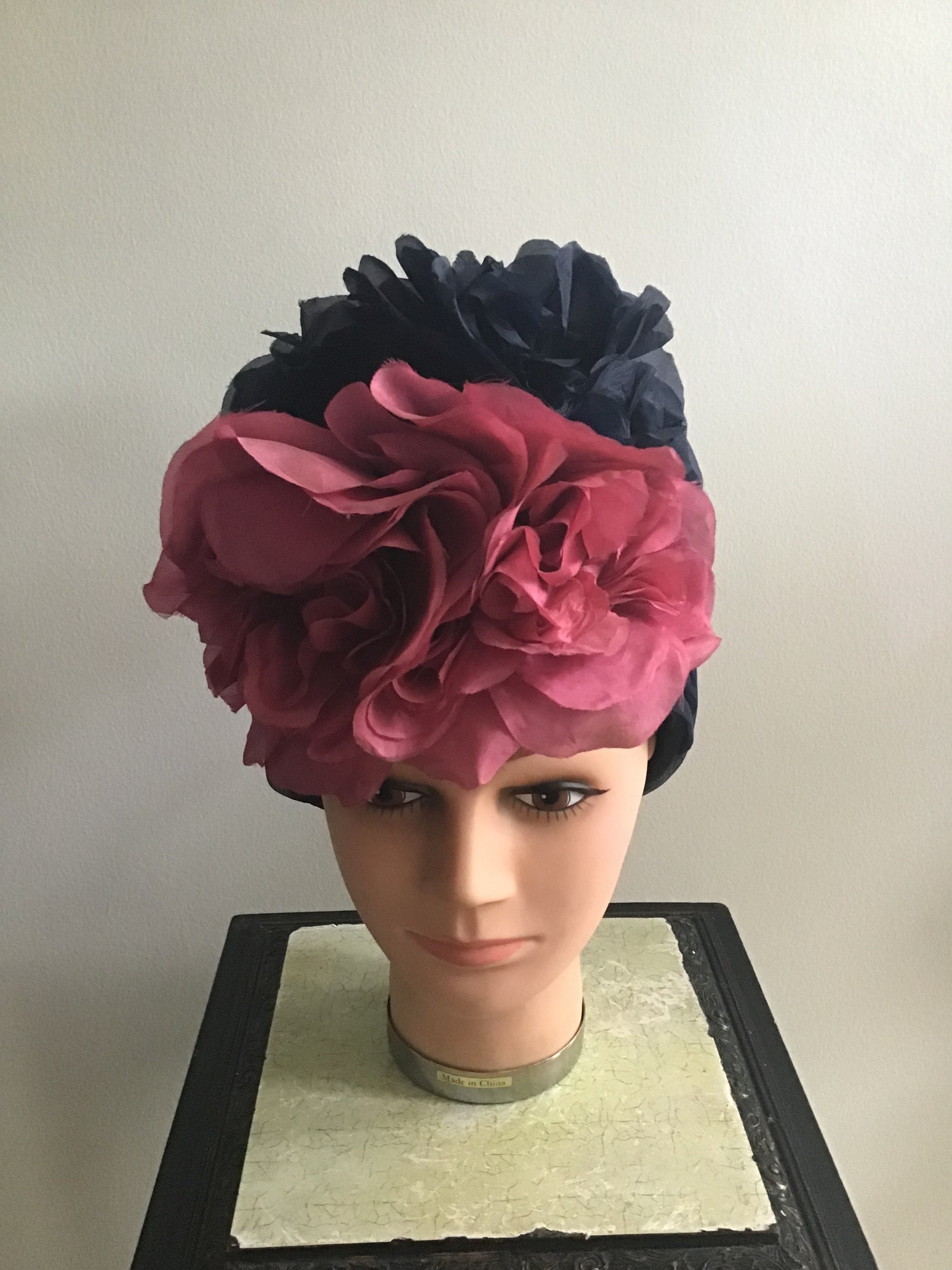 1960s Christian Dior New York ,Turban with Raspberry/blk  silk Flowers
