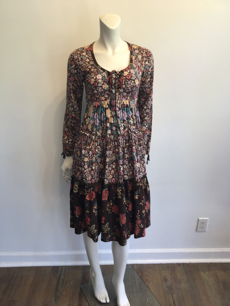 1970s Brown Floral Cotton Dress Size 4