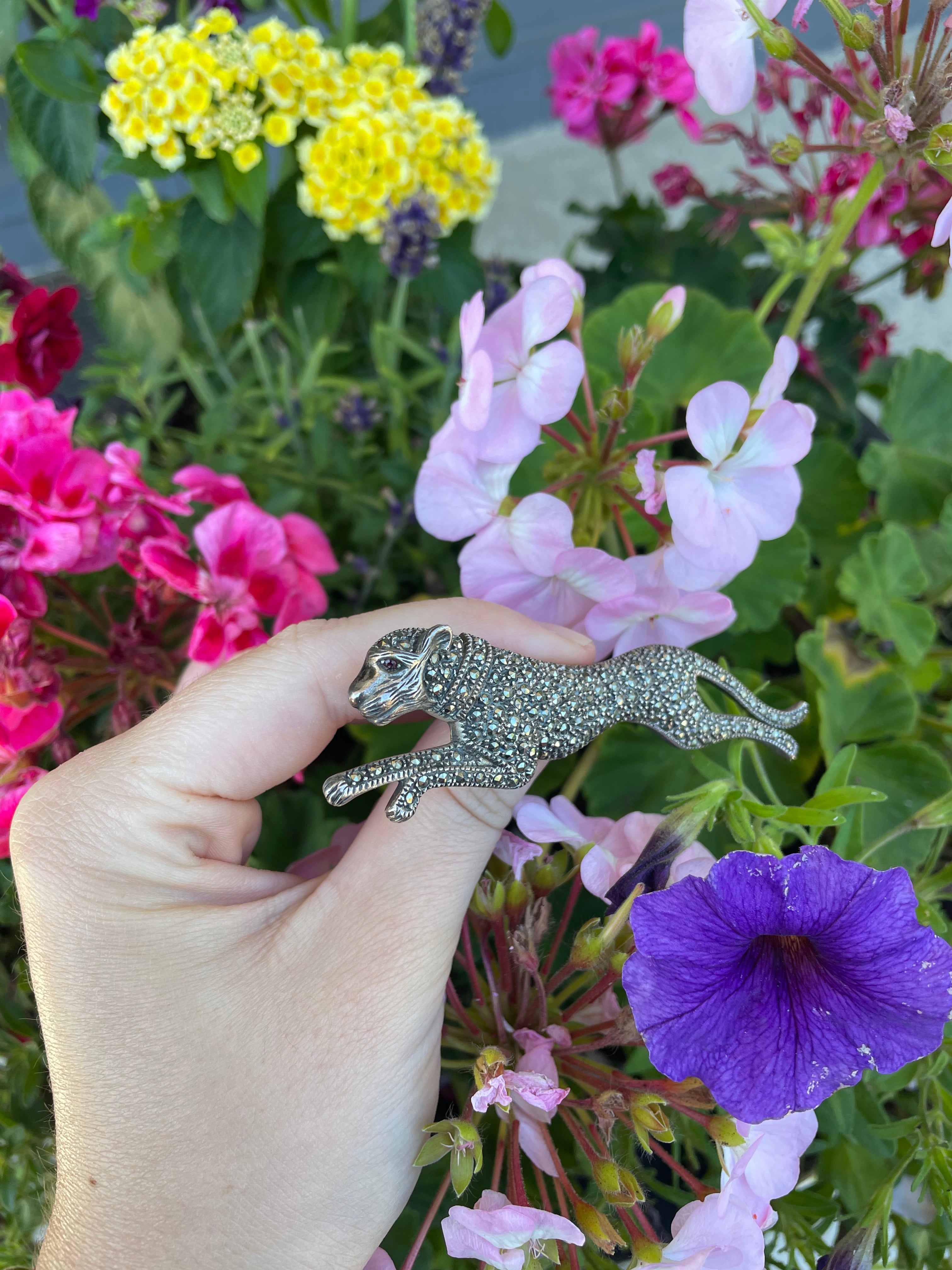 Vintage Sterling and Marcasite  Jaguar Pin / Brooch