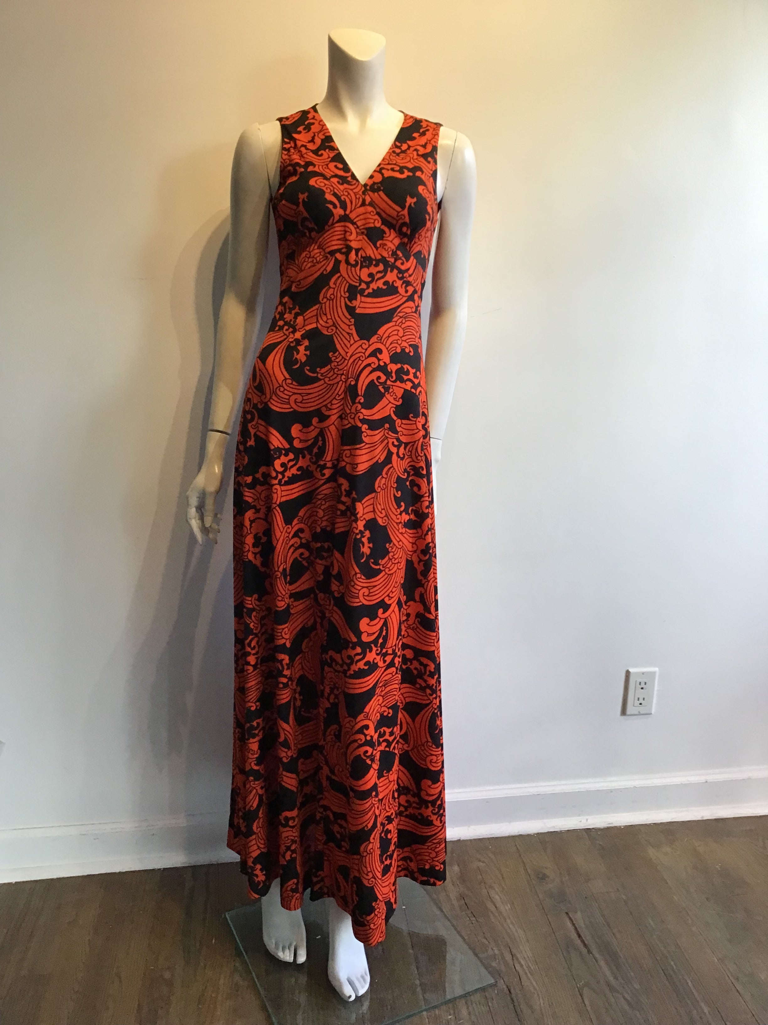 1970’s Orange and Black Printed Polyester Maxi Dress Size 6