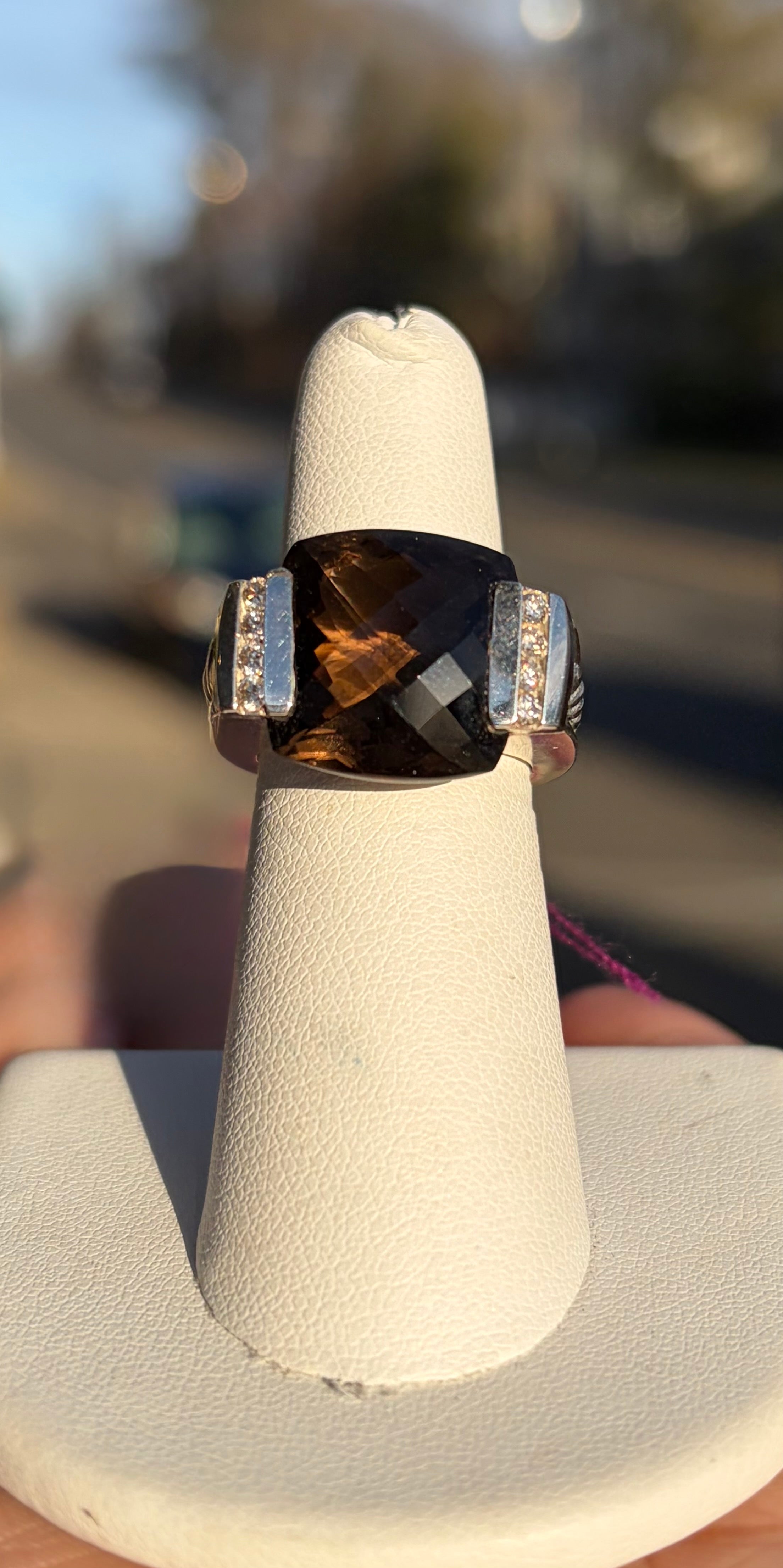 David Yurman Sterling Ring with Smokey Quartz & Diamonds