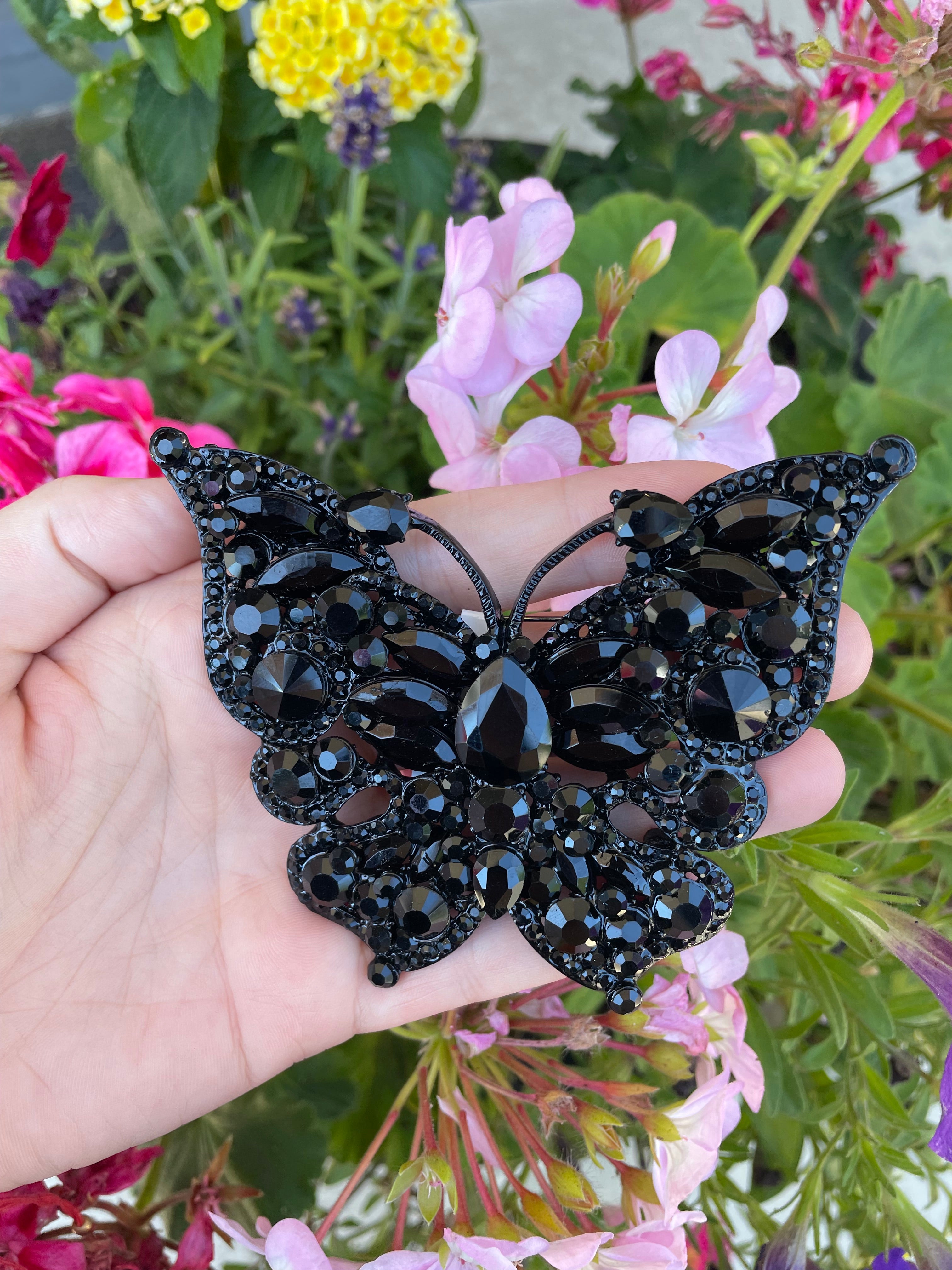 black rhinestone butterfly brooch