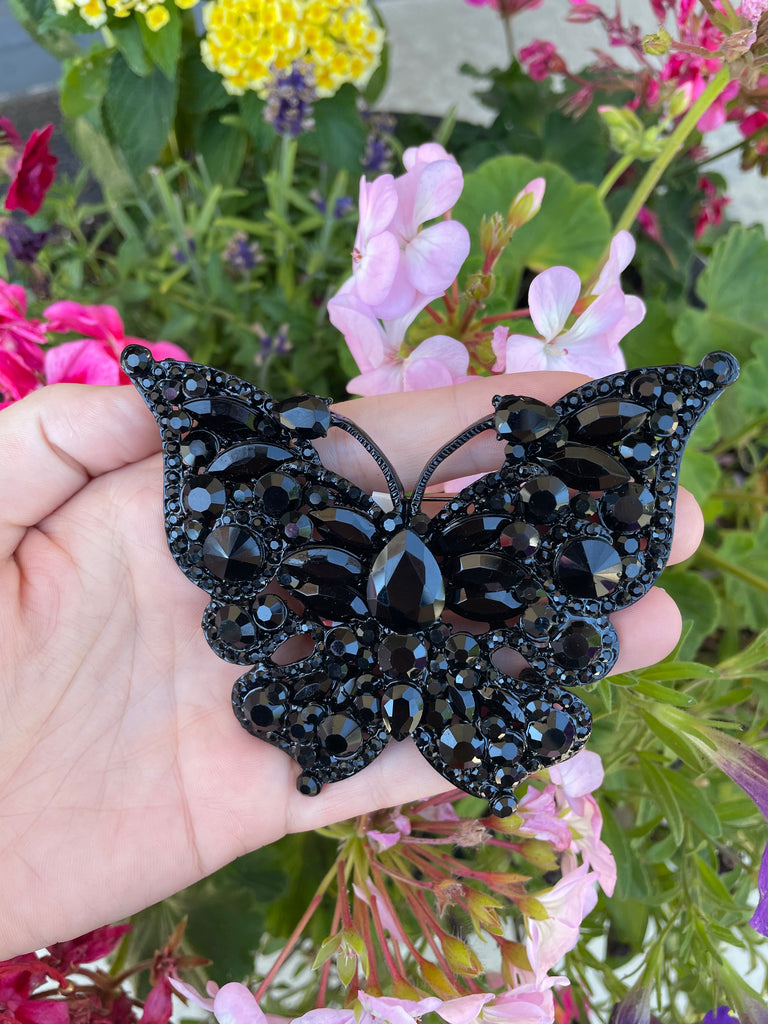 black rhinestone butterfly brooch
