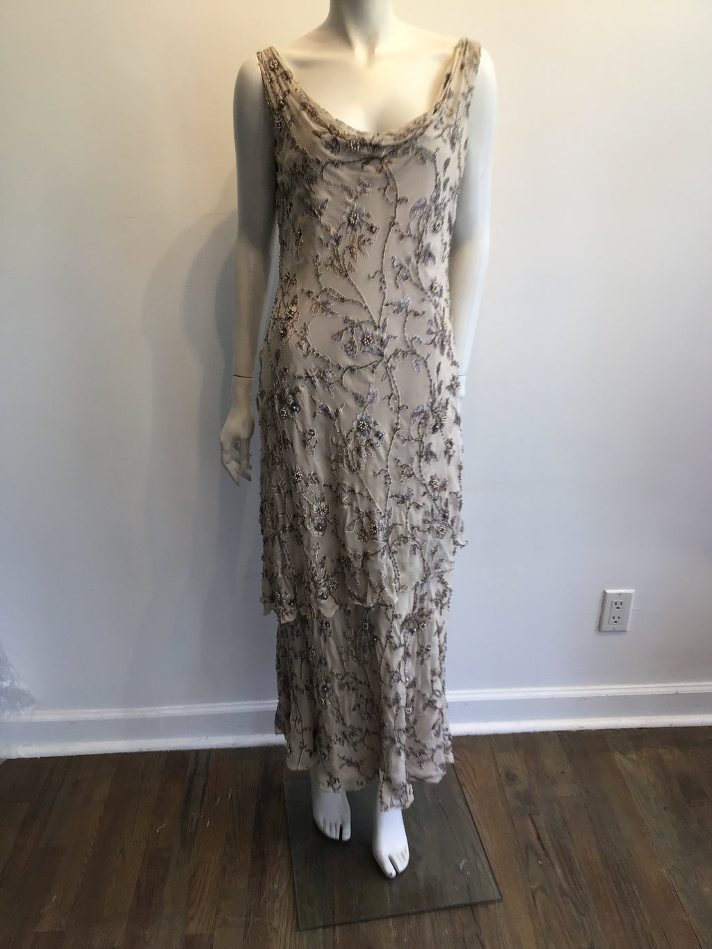 1990s Victoria Royal Taupe Silk Evening Gown Size 16