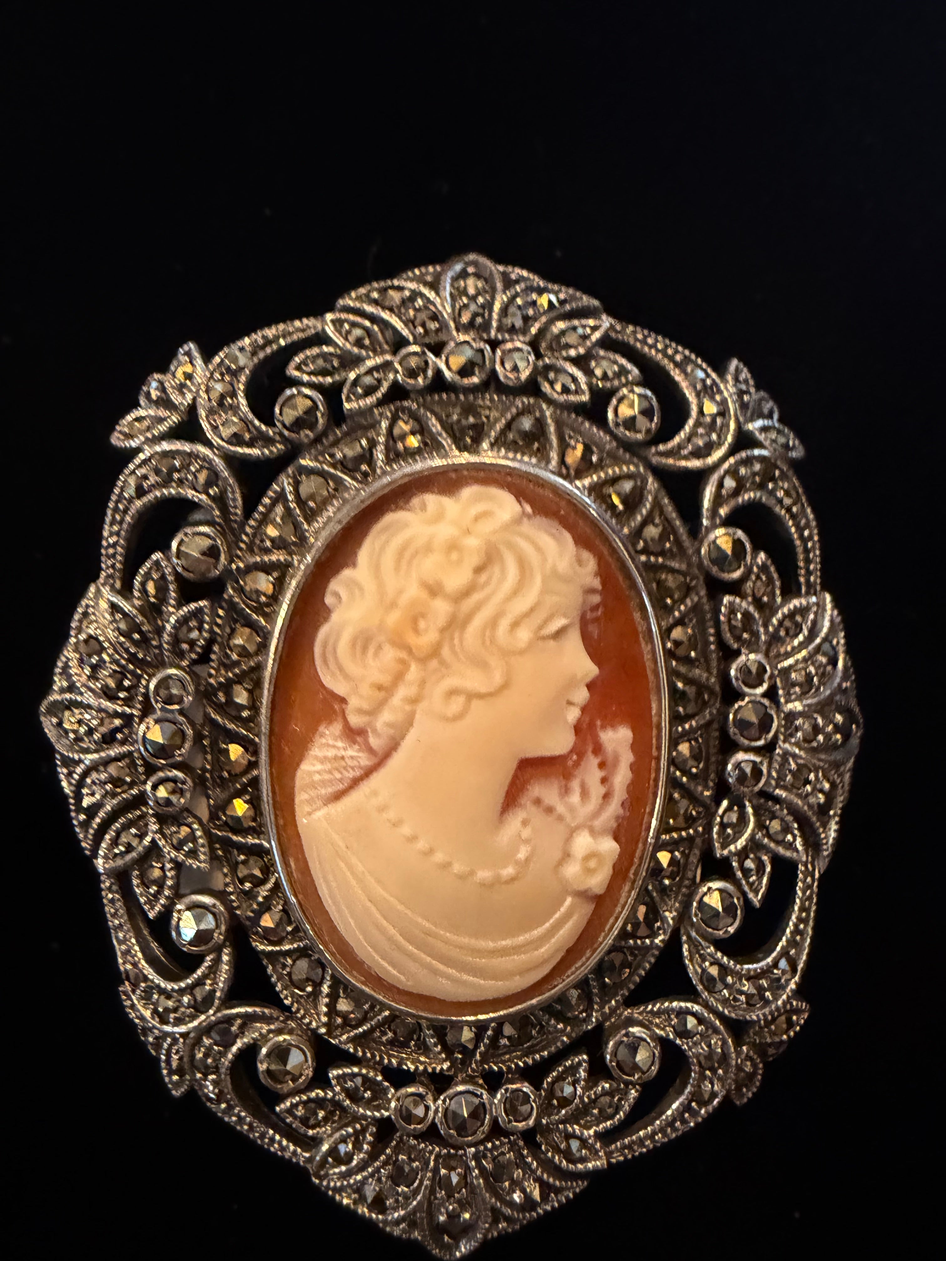 Vintage 1980's Antique Marcasite Cameo Pin / Brooch