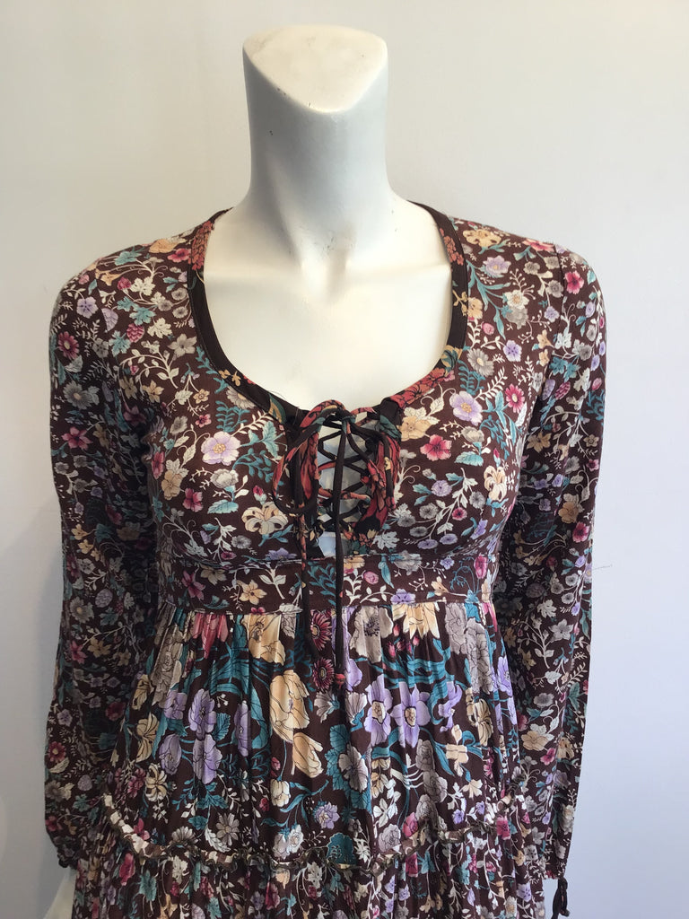 1970s Brown Floral Cotton Dress Size 4