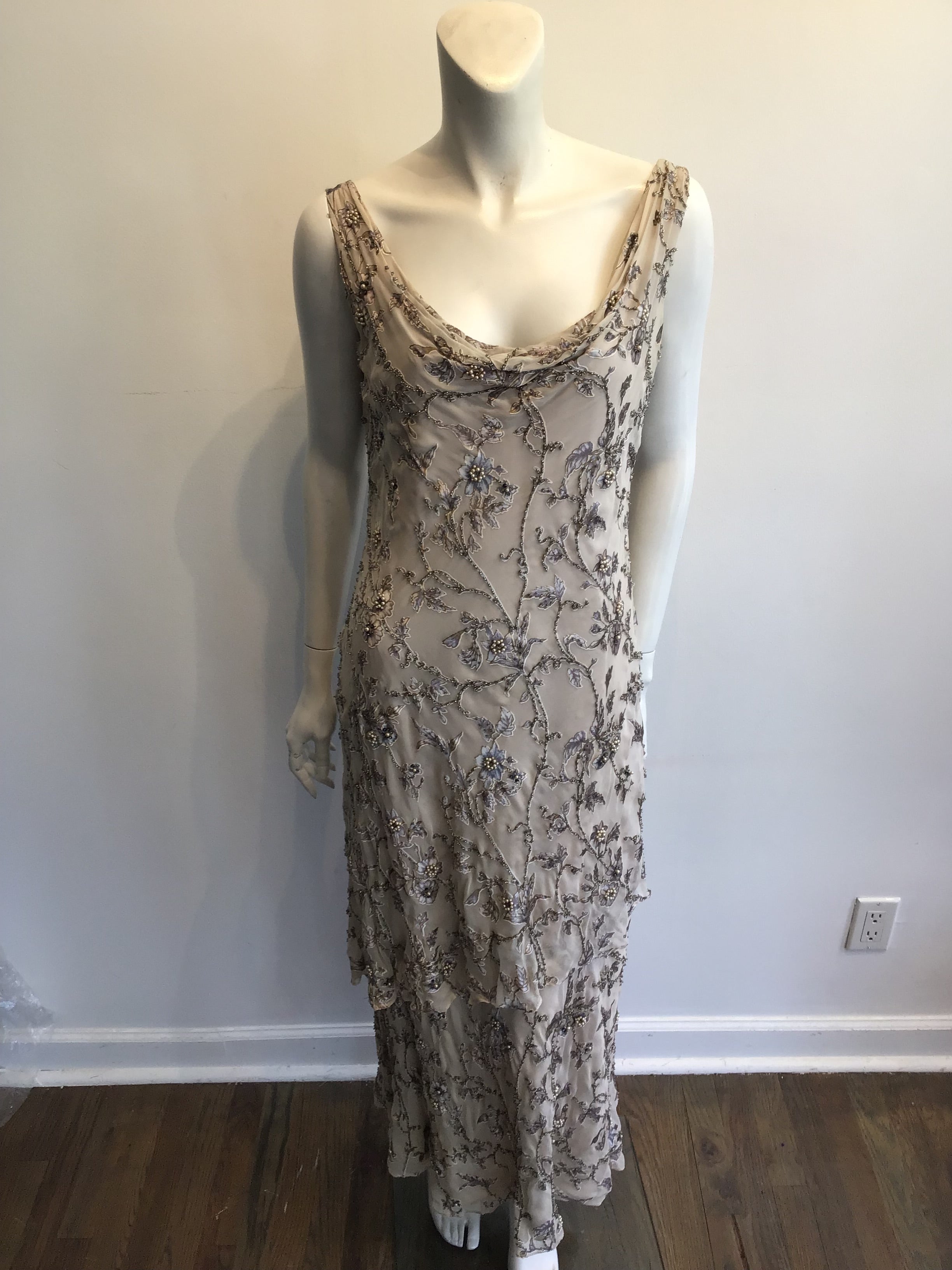 1990s Victoria Royal Taupe Silk Evening Gown Size 16