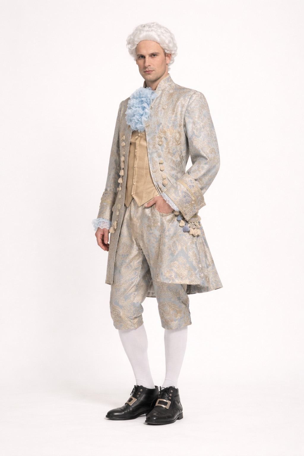 Amadeus Man Blue & Gold Brocade Costume Rental
