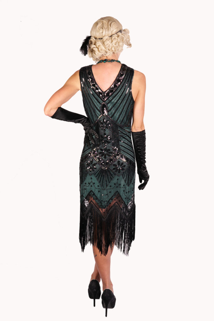 Women's Art Deco Flapper Hunter Green with Black & Aurora Borealis Sequined Dress Costume