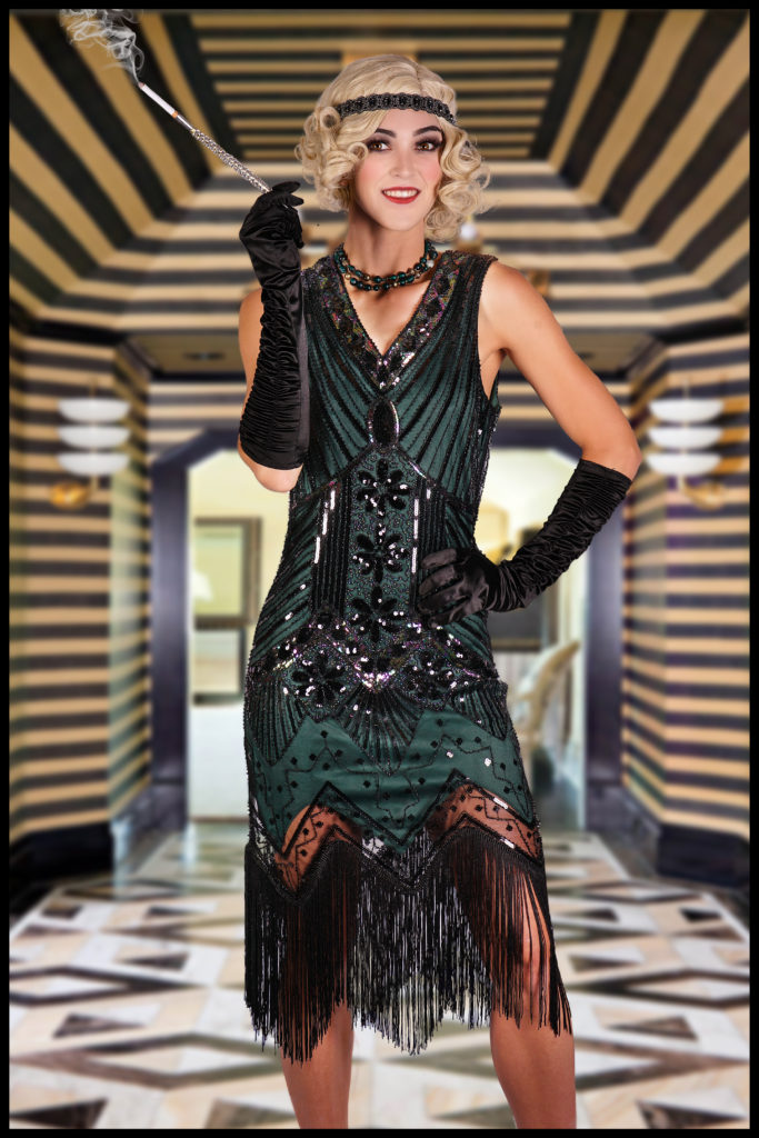 Aurora Borelais Sequinned Black Flapper Dress Costume green