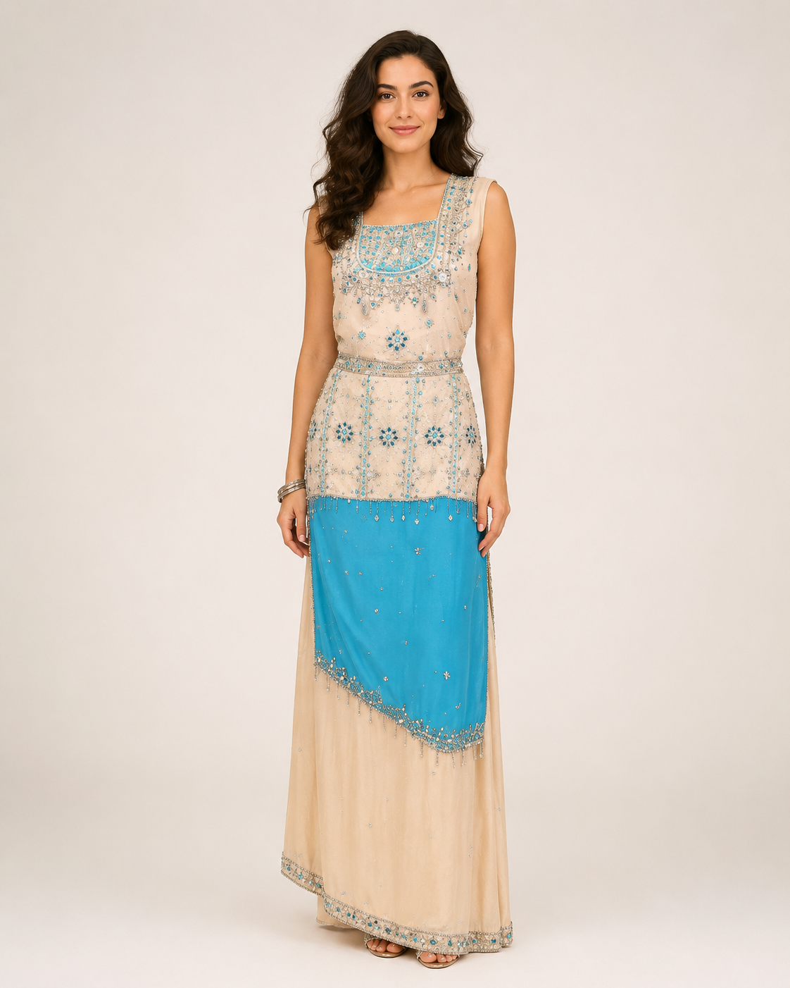 Authentic Indian Cream & Blue Dress Costume Rental
