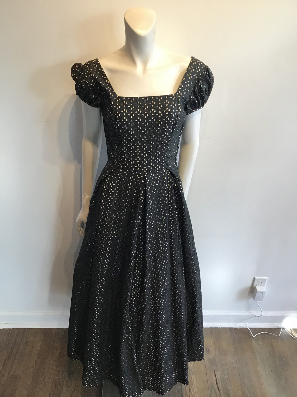 1930’s Black Cotton Eyelet Maxi Dress Size 6