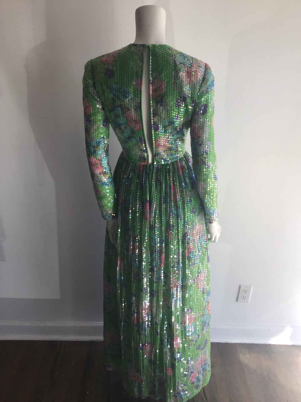 1960's Green Floral  Sequined Silk Chiffon Evening Gown-4/6