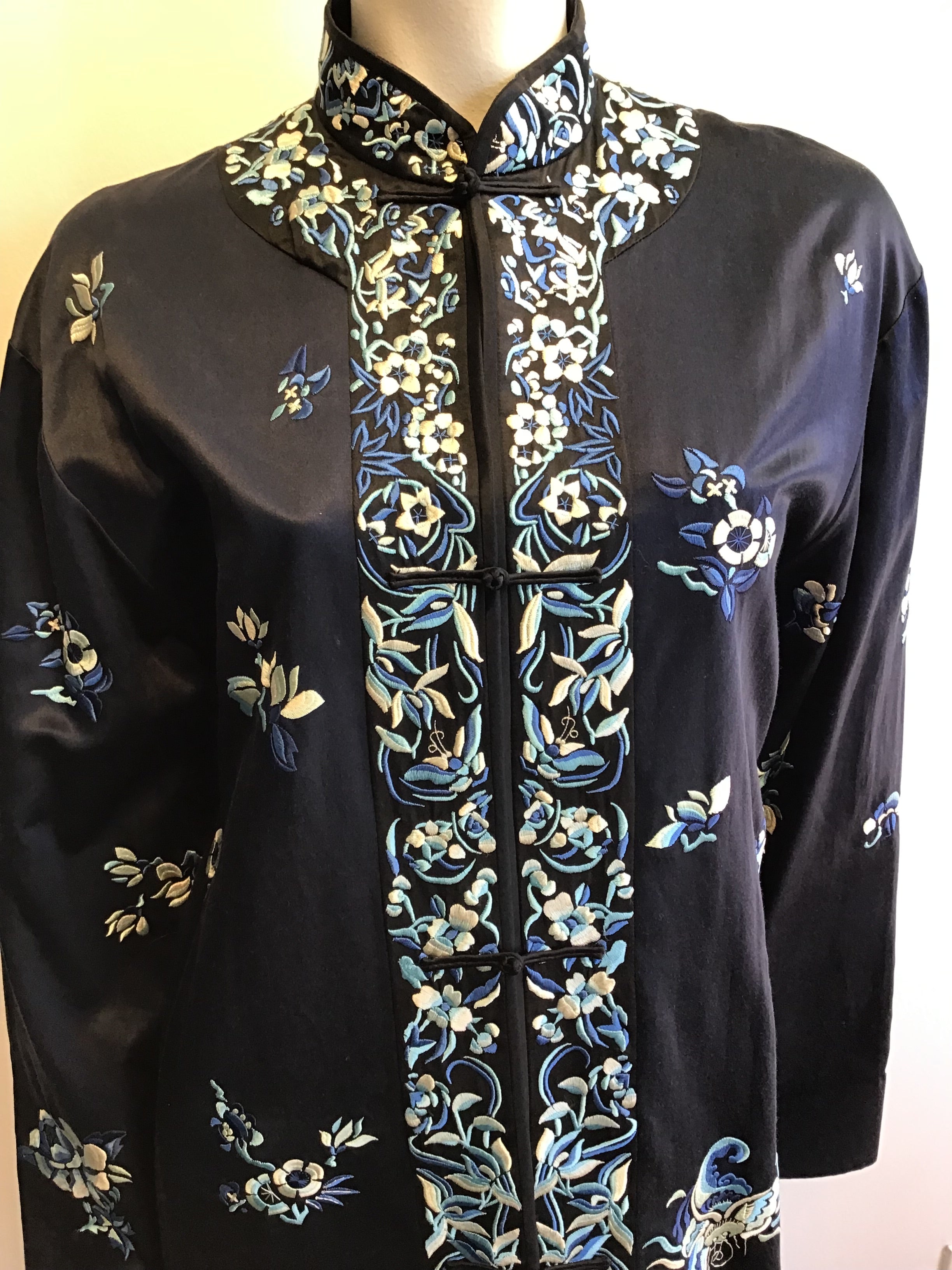 1990’s Ralph Lauren Embroidered Blue Silk Chinese Style Jacket Size 10